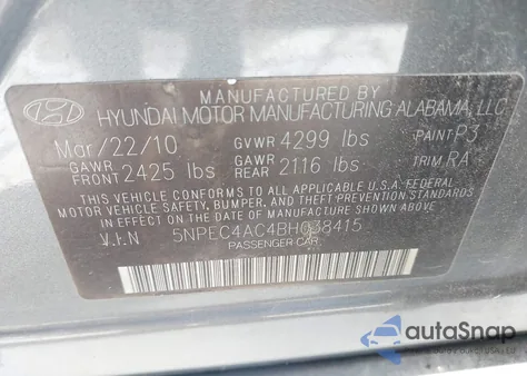 2011 Hyundai Sonata Se z USA, uszkodzony, nr VIN 5NPEC4AC4BH038415